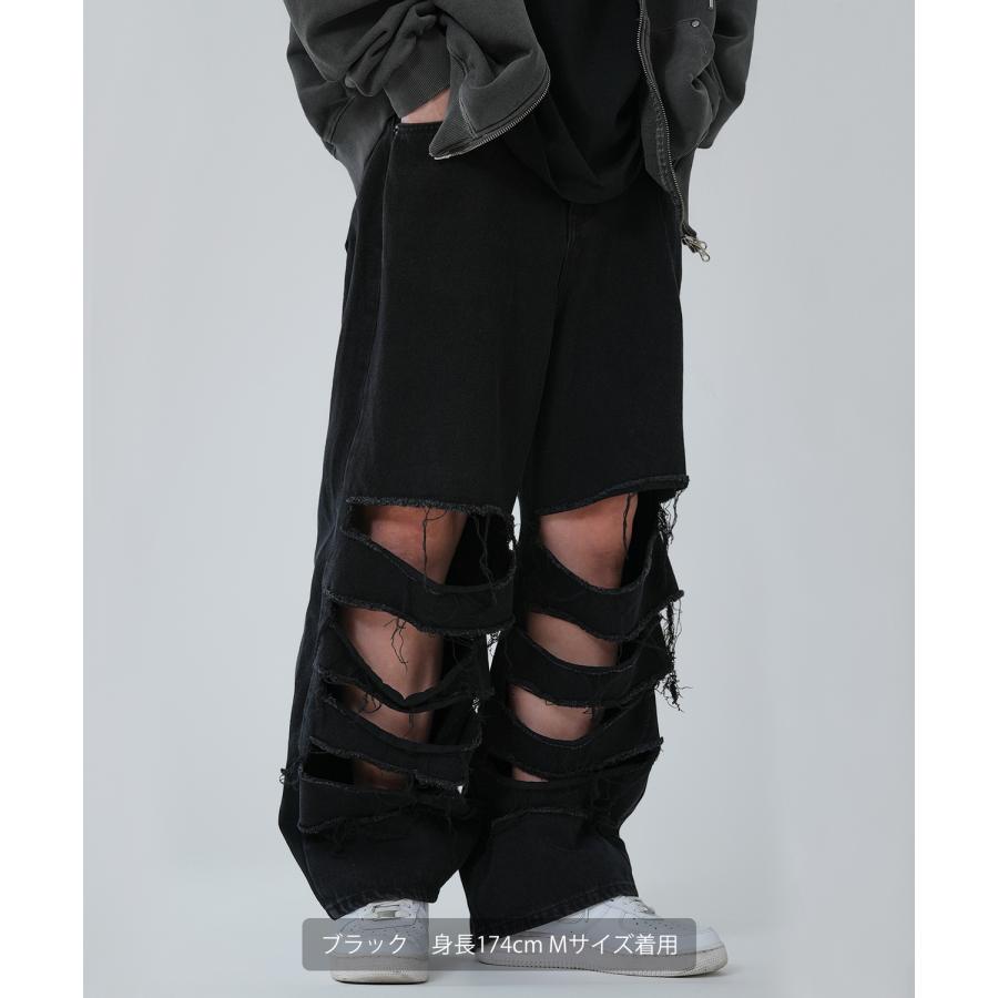 デニムパンツ メンズ クラッシュ ダメージ加工 ワイドパンツ ストレート ジーンズ ストリート アメカジ カジュアル 韓国ファッション スケーター 古着MIX | improves | 08