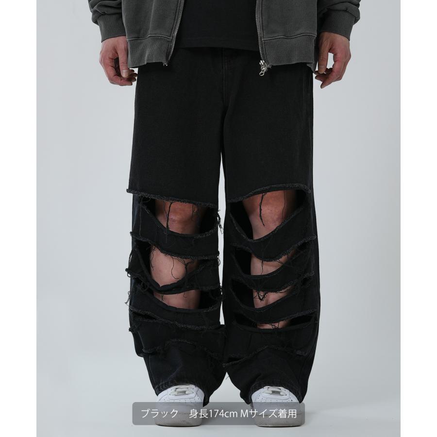 デニムパンツ メンズ クラッシュ ダメージ加工 ワイドパンツ ストレート ジーンズ ストリート アメカジ カジュアル 韓国ファッション スケーター 古着MIX | improves | 09