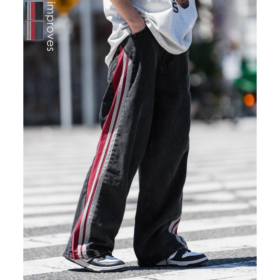 メンズ サイドライン デニム ワイド ストレート 韓国 カジュアル improves デニムパンツ メンズ サイドラインデザイン ジーンズ