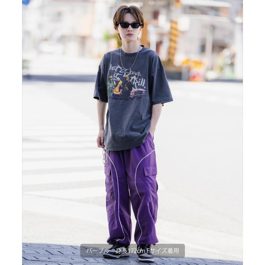 カーゴパンツ メンズ ナイロン ワイドパンツ パイピング トラックパンツ カラーパンツ ストリート アメカジ カジュアル 韓国ファッション スケーター 古着 | improves | 05
