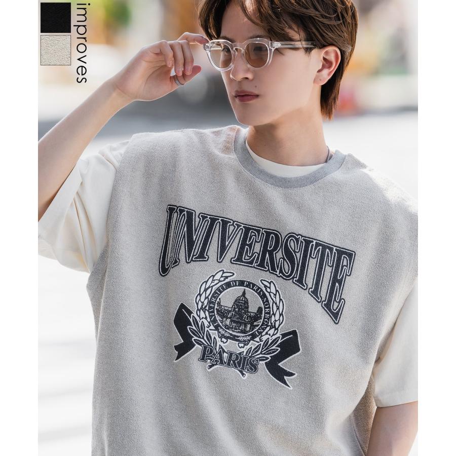 半袖Tシャツ メンズ カレッジ プリント ライン クルーネック セットアップ カットソー 大きめ アメカジ カジュアル スケーター ストリート 古着MIX 韓国 | improves