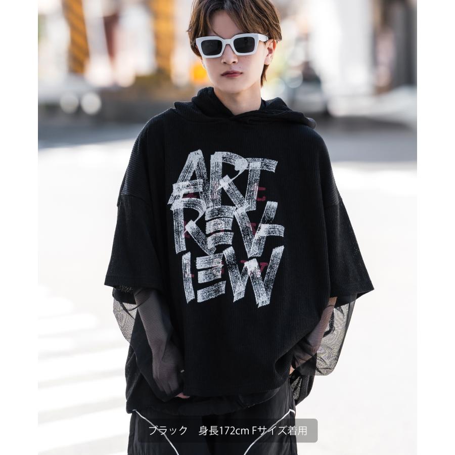 パーカー メンズ 半袖 プリント フーディー テレコ ニット 大きめ アメカジ カジュアル スケーター ストリート 古着MIX 韓国 | improves | 04