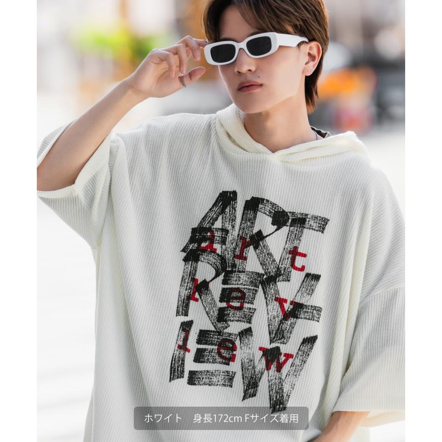 パーカー メンズ 半袖 プリント フーディー テレコ ニット 大きめ アメカジ カジュアル スケーター ストリート 古着MIX 韓国 | improves | 07