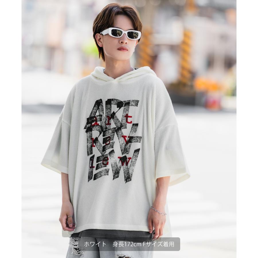 パーカー メンズ 半袖 プリント フーディー テレコ ニット 大きめ アメカジ カジュアル スケーター ストリート 古着MIX 韓国 | improves | 08