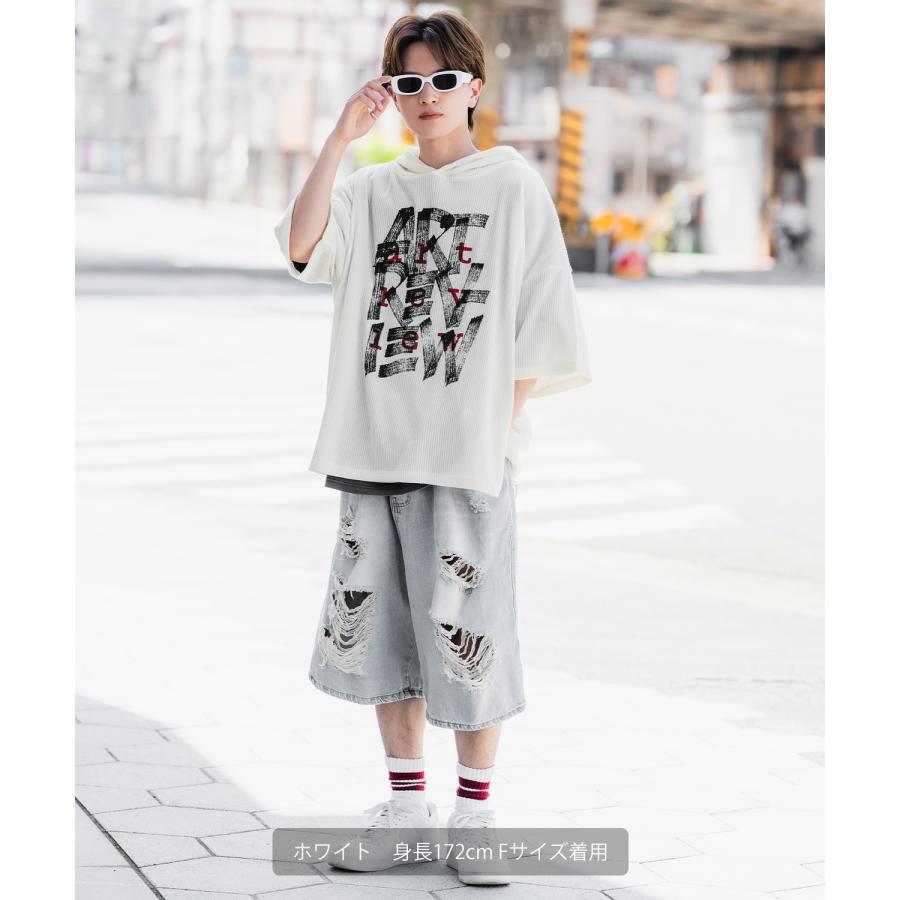 パーカー メンズ 半袖 プリント フーディー テレコ ニット 大きめ アメカジ カジュアル スケーター ストリート 古着MIX 韓国 | improves | 10