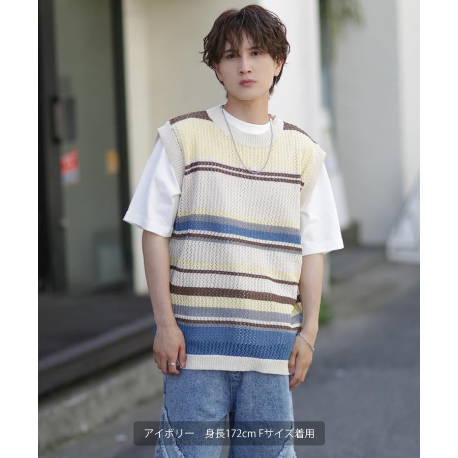 ベスト メンズ サマーニット コットンニット ランダムボーダー マルチボーダー チョッキ 大きめ アメカジ カジュアル スケーター ストリート 古着MIX 韓国 | improves | 03