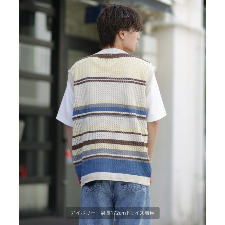 ベスト メンズ サマーニット コットンニット ランダムボーダー マルチボーダー チョッキ 大きめ アメカジ カジュアル スケーター ストリート 古着MIX 韓国 | improves | 04