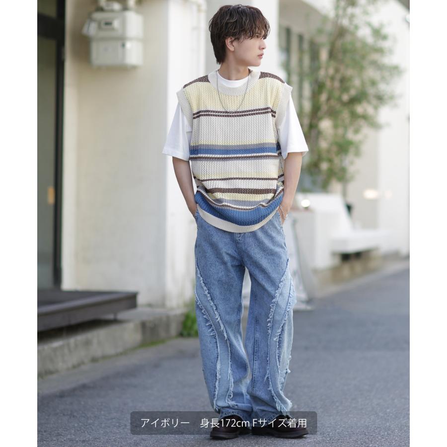 ベスト メンズ サマーニット コットンニット ランダムボーダー マルチボーダー チョッキ 大きめ アメカジ カジュアル スケーター ストリート 古着MIX 韓国 | improves | 05