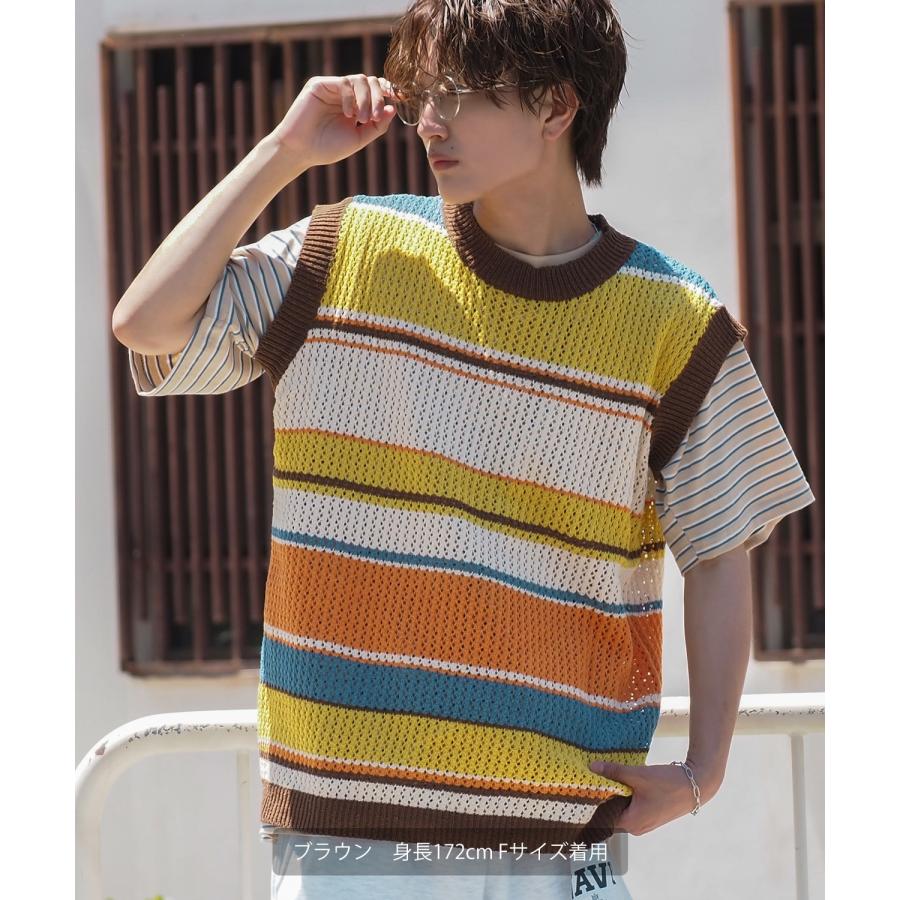 ベスト メンズ サマーニット コットンニット ランダムボーダー マルチボーダー チョッキ 大きめ アメカジ カジュアル スケーター ストリート 古着MIX 韓国 | improves | 06