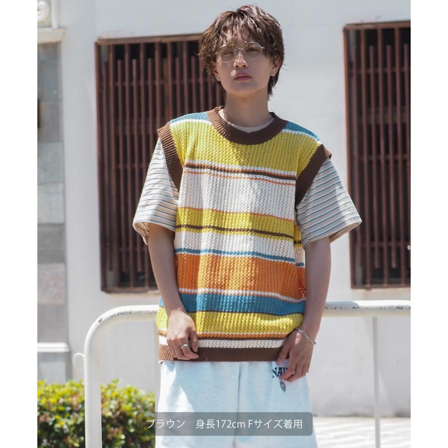 ベスト メンズ サマーニット コットンニット ランダムボーダー マルチボーダー チョッキ 大きめ アメカジ カジュアル スケーター ストリート 古着MIX 韓国 | improves | 07