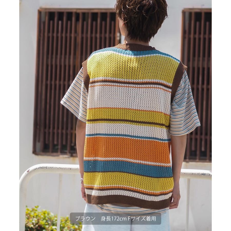ベスト メンズ サマーニット コットンニット ランダムボーダー マルチボーダー チョッキ 大きめ アメカジ カジュアル スケーター ストリート 古着MIX 韓国 | improves | 08