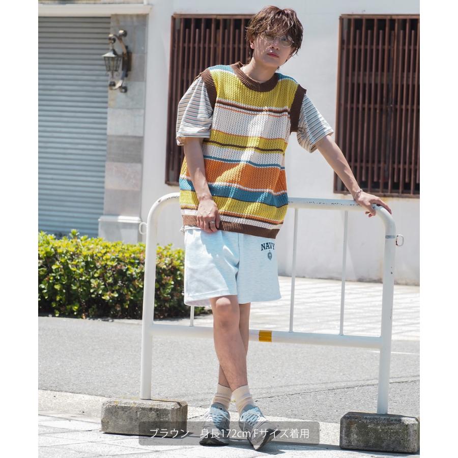 ベスト メンズ サマーニット コットンニット ランダムボーダー マルチボーダー チョッキ 大きめ アメカジ カジュアル スケーター ストリート 古着MIX 韓国 | improves | 09