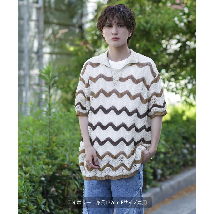 半袖ポロシャツ メンズ 総柄 ジグザグ ボーダー サマーニット ニット素材 ニットソー アメカジ スケーター ストリート 古着MIX 韓国 | improves | 02