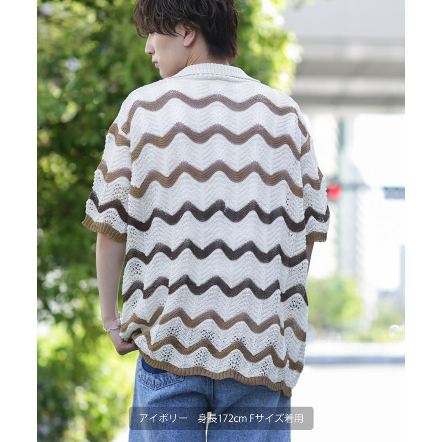 半袖ポロシャツ メンズ 総柄 ジグザグ ボーダー サマーニット ニット素材 ニットソー アメカジ スケーター ストリート 古着MIX 韓国 | improves | 03