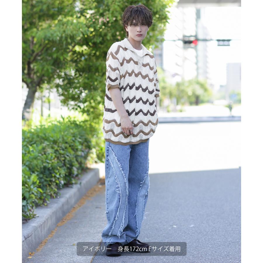 半袖ポロシャツ メンズ 総柄 ジグザグ ボーダー サマーニット ニット素材 ニットソー アメカジ スケーター ストリート 古着MIX 韓国 | improves | 04