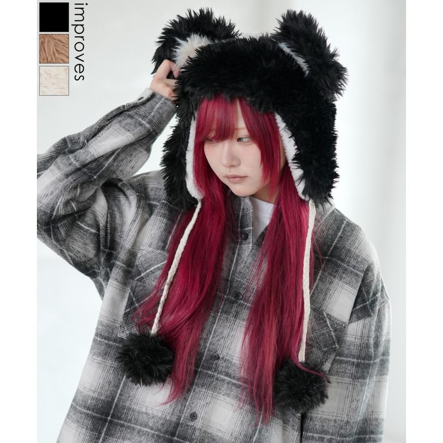 キャップ メンズ ユニセックス 耳付き ボアキャップ ストリート 原宿系 古着MIX 韓国ファッション アイボリー ブラック ベージュ | improves