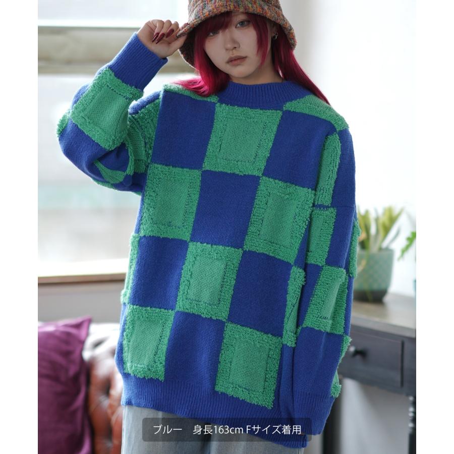 ニットセーター メンズ チェック 市松模様 クルーネック ニット ストリート カジュアル アメカジ 古着MIX 韓国ファッション ホワイト ブラック | improves | 13