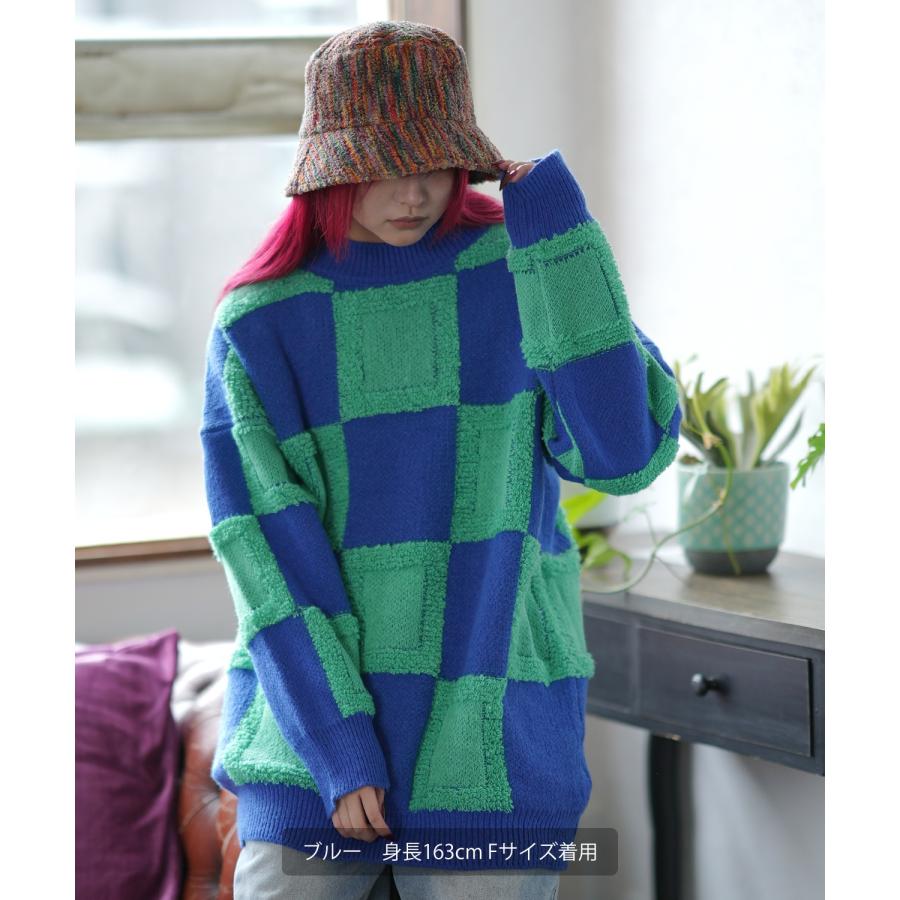 ニットセーター メンズ チェック 市松模様 クルーネック ニット ストリート カジュアル アメカジ 古着MIX 韓国ファッション ホワイト ブラック | improves | 14