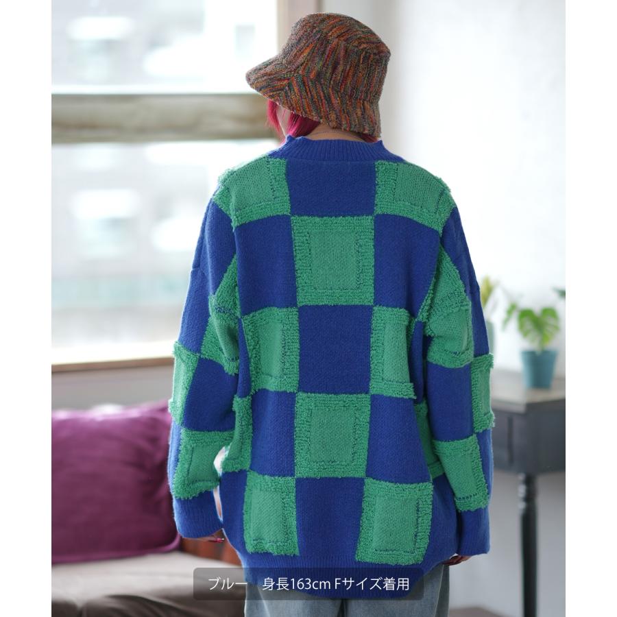 ニットセーター メンズ チェック 市松模様 クルーネック ニット ストリート カジュアル アメカジ 古着MIX 韓国ファッション ホワイト ブラック | improves | 15