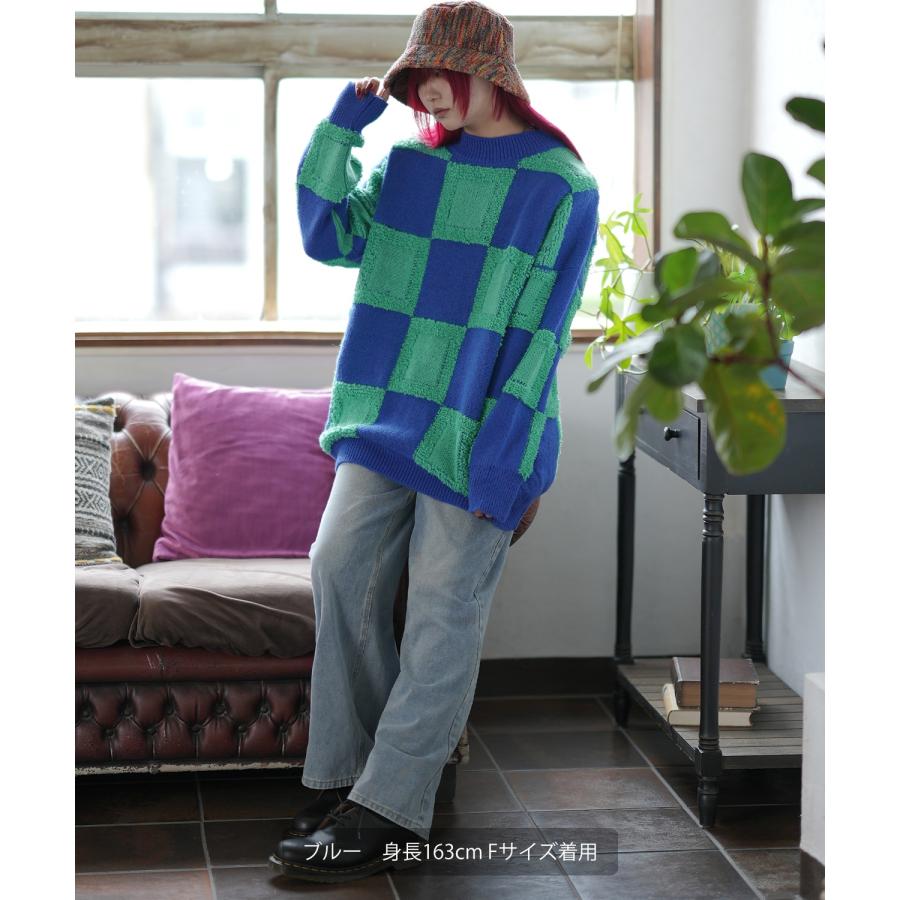 ニットセーター メンズ チェック 市松模様 クルーネック ニット ストリート カジュアル アメカジ 古着MIX 韓国ファッション ホワイト ブラック | improves | 16