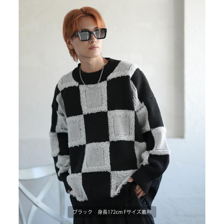 ニットセーター メンズ チェック 市松模様 クルーネック ニット ストリート カジュアル アメカジ 古着MIX 韓国ファッション ホワイト ブラック | improves | 04