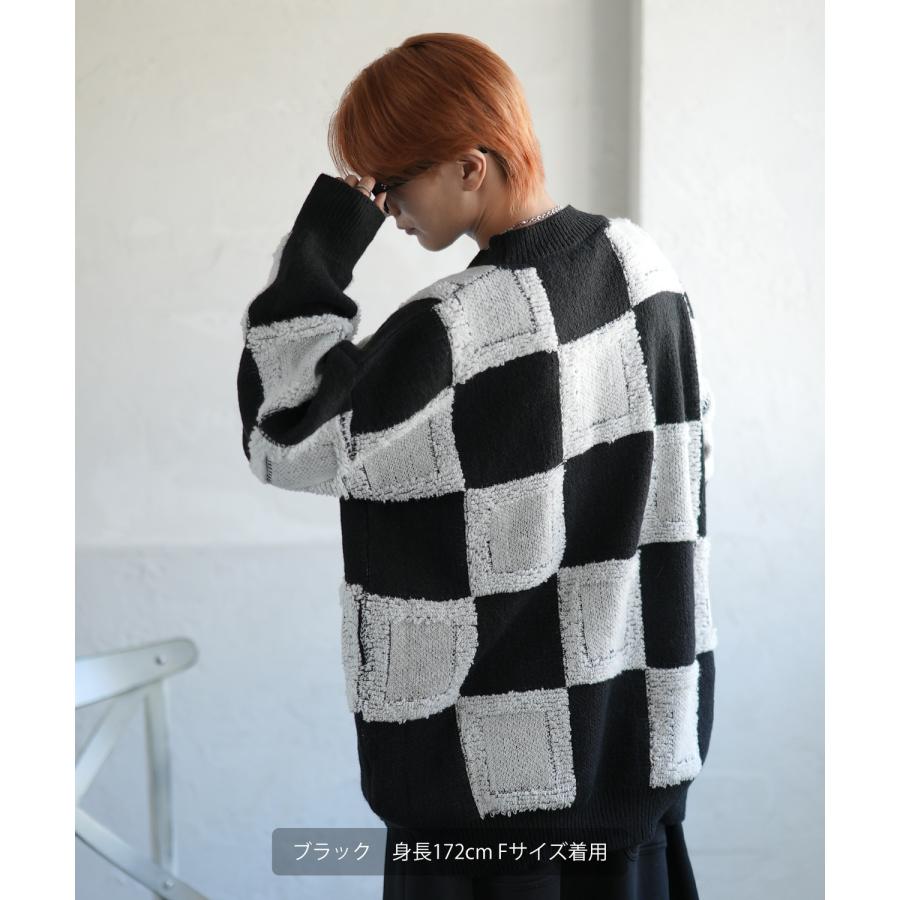 ニットセーター メンズ チェック 市松模様 クルーネック ニット ストリート カジュアル アメカジ 古着MIX 韓国ファッション ホワイト ブラック | improves | 05