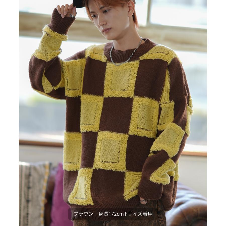 ニットセーター メンズ チェック 市松模様 クルーネック ニット ストリート カジュアル アメカジ 古着MIX 韓国ファッション ホワイト ブラック | improves | 08