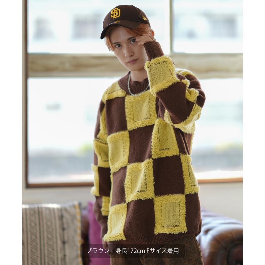 ニットセーター メンズ チェック 市松模様 クルーネック ニット ストリート カジュアル アメカジ 古着MIX 韓国ファッション ホワイト ブラック | improves | 09