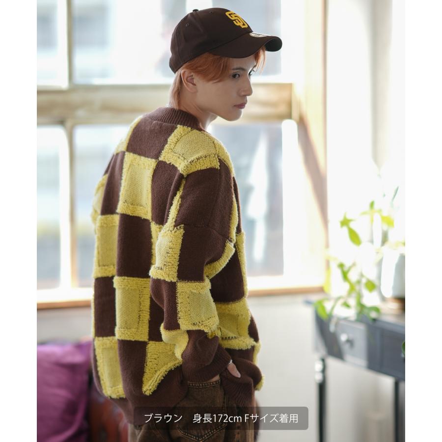 ニットセーター メンズ チェック 市松模様 クルーネック ニット ストリート カジュアル アメカジ 古着MIX 韓国ファッション ホワイト ブラック | improves | 10