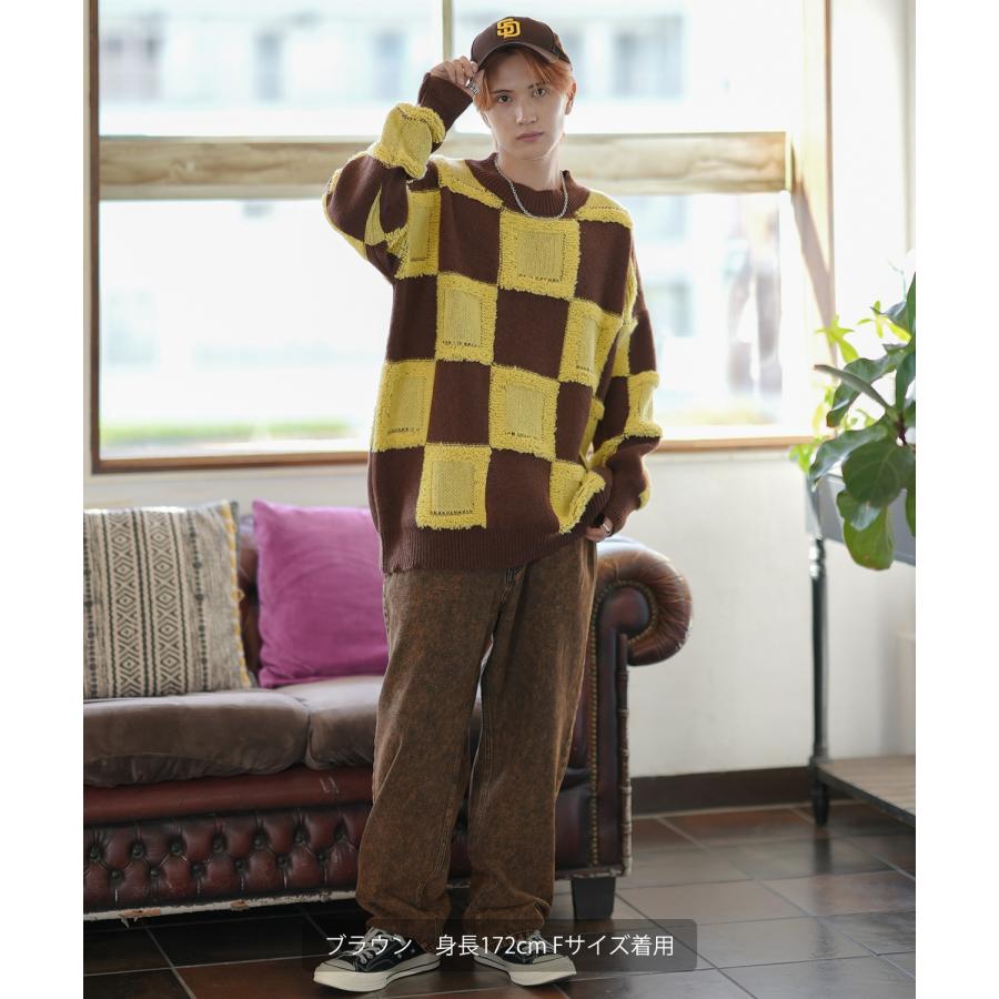 ニットセーター メンズ チェック 市松模様 クルーネック ニット ストリート カジュアル アメカジ 古着MIX 韓国ファッション ホワイト ブラック | improves | 11