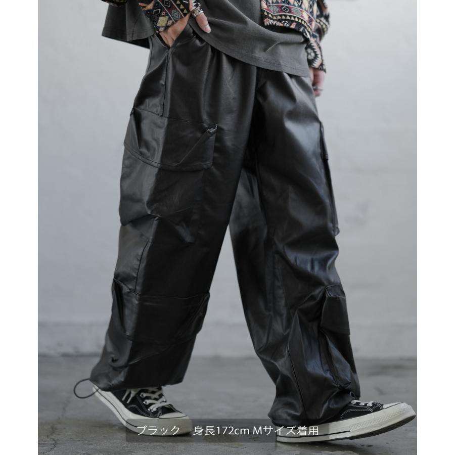 カーゴパンツ メンズ シンセティックレザー PUレザー 合成皮革 防風防寒 ワイドパンツ ストリート アメカジ 古着MIX 韓国 | improves | 15