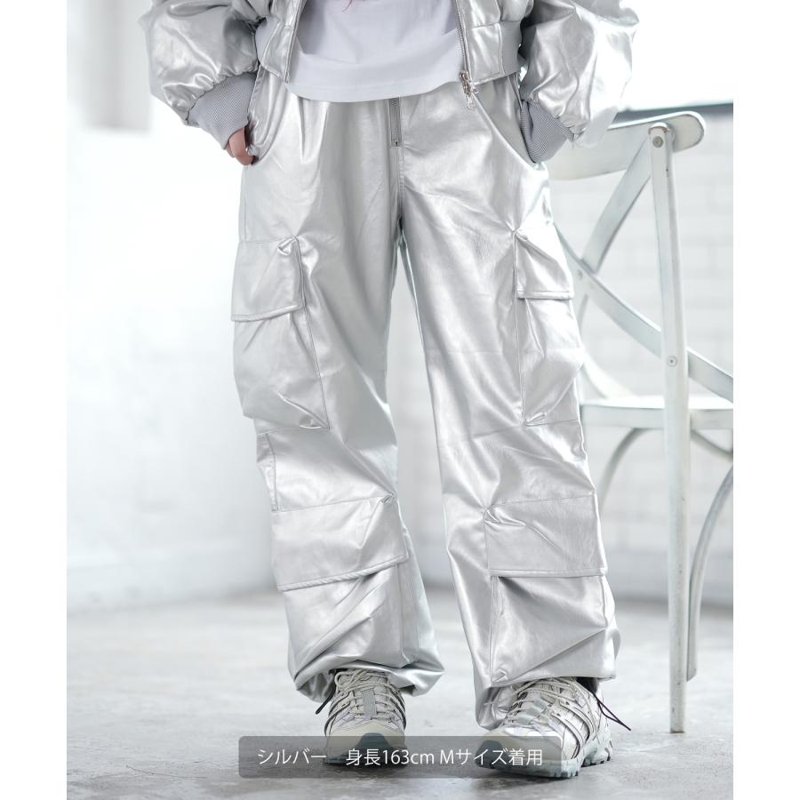 カーゴパンツ メンズ シンセティックレザー PUレザー 合成皮革 防風防寒 ワイドパンツ ストリート アメカジ 古着MIX 韓国 | improves | 03