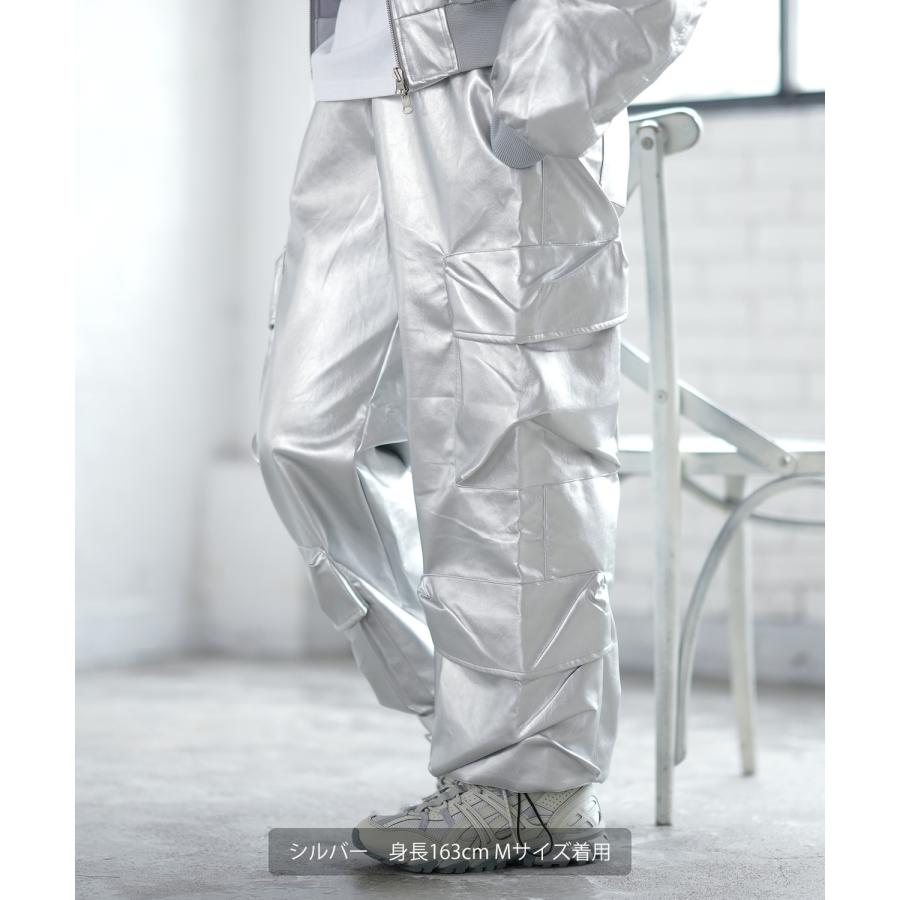 カーゴパンツ メンズ シンセティックレザー PUレザー 合成皮革 防風防寒 ワイドパンツ ストリート アメカジ 古着MIX 韓国 | improves | 04