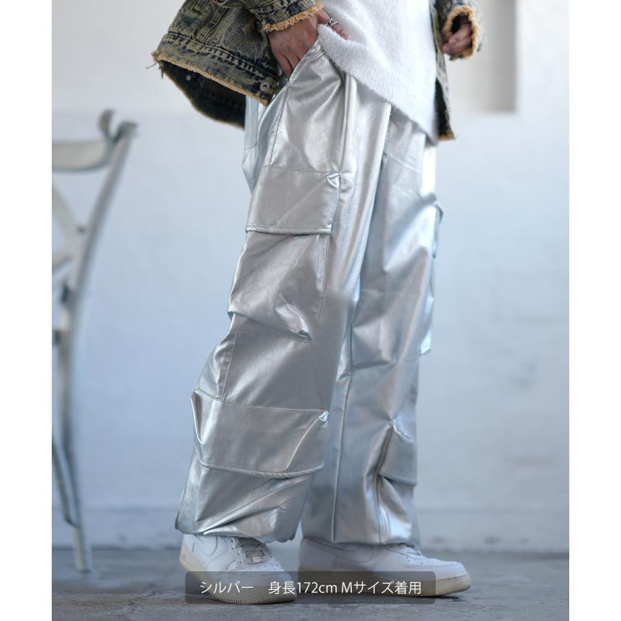 カーゴパンツ メンズ シンセティックレザー PUレザー 合成皮革 防風防寒 ワイドパンツ ストリート アメカジ 古着MIX 韓国 | improves | 08