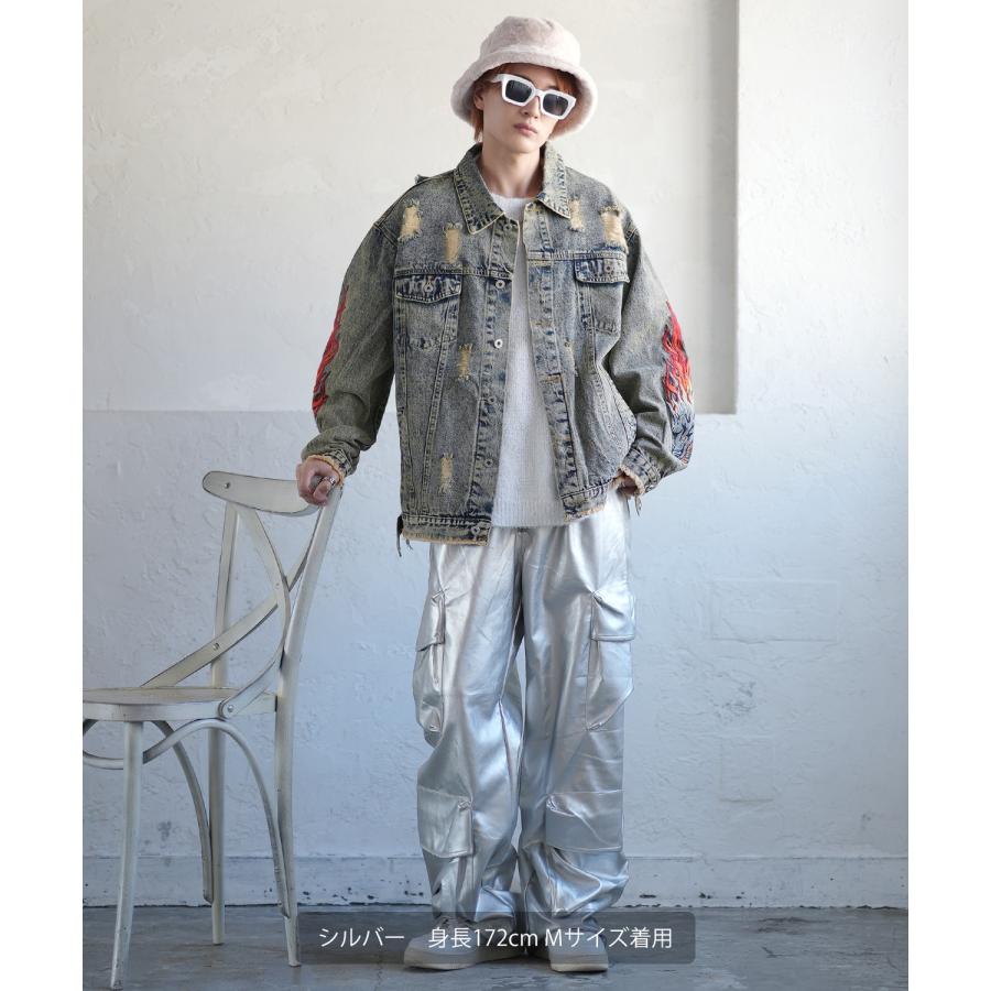 カーゴパンツ メンズ シンセティックレザー PUレザー 合成皮革 防風防寒 ワイドパンツ ストリート アメカジ 古着MIX 韓国 | improves | 09