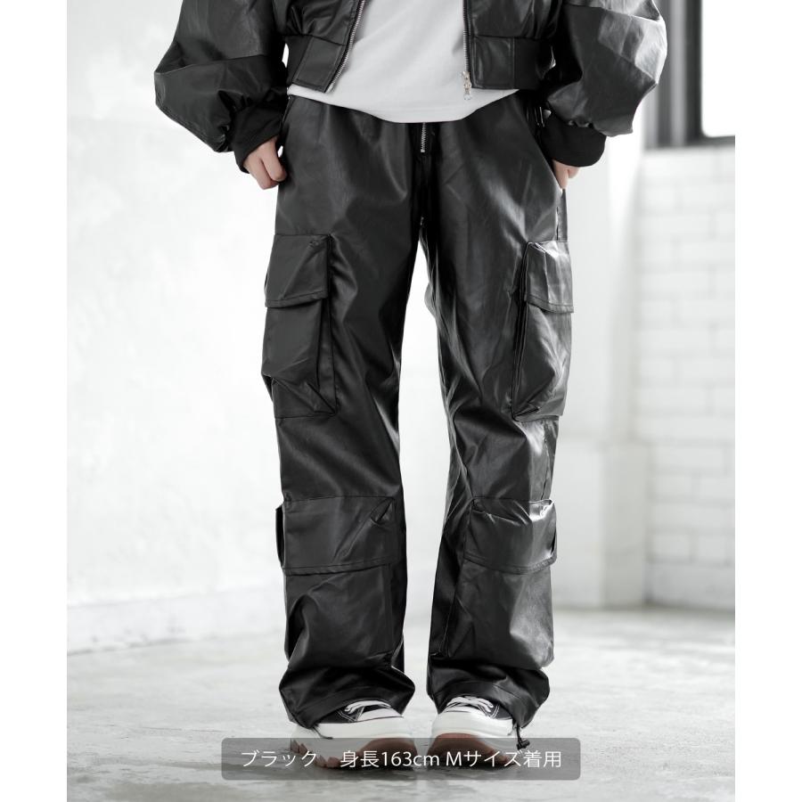 カーゴパンツ メンズ シンセティックレザー PUレザー 合成皮革 防風防寒 ワイドパンツ ストリート アメカジ 古着MIX 韓国 | improves | 10