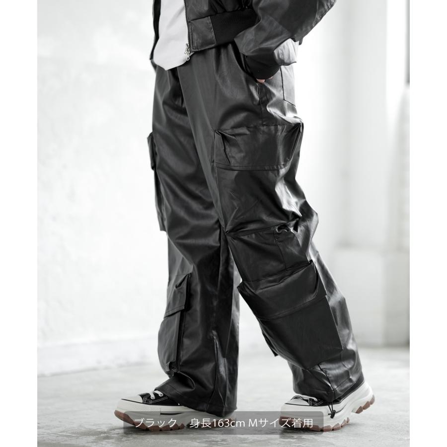 カーゴパンツ メンズ シンセティックレザー PUレザー 合成皮革 防風防寒 ワイドパンツ ストリート アメカジ 古着MIX 韓国 | improves | 11
