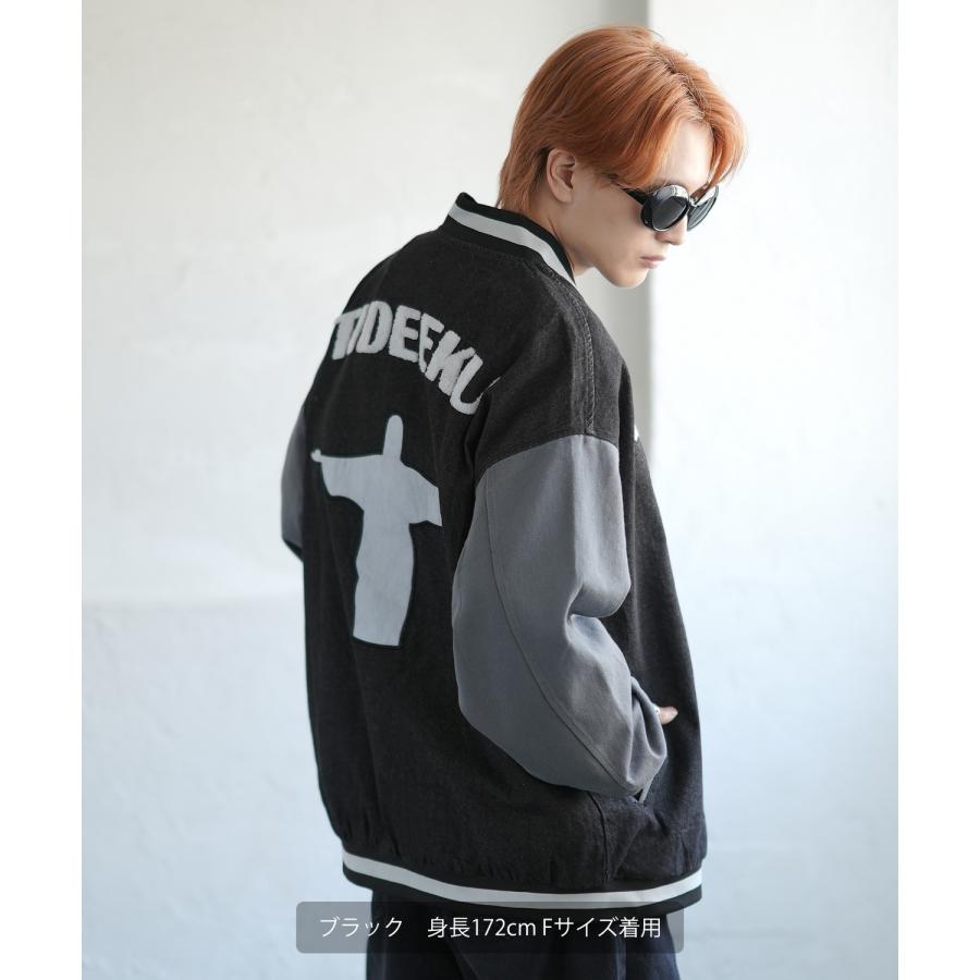 スタジャン メンズ デニムジャケットサガラ 刺しゅうデザイン スタジアムジャンパー ブルゾン ストリート カジュアル アメカジ 古着MIX 韓国 | improves | 09