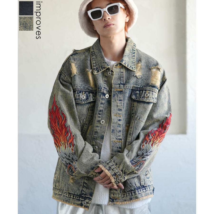 デニムジャケット メンズ ダメージ加工 刺しゅうデザイン Gジャン ジージャン ストリート カジュアル アメカジ 古着MIX 韓国 | improves