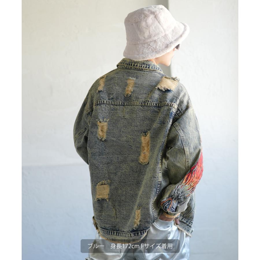 デニムジャケット メンズ ダメージ加工 刺しゅうデザイン Gジャン ジージャン ストリート カジュアル アメカジ 古着MIX 韓国 | improves | 04