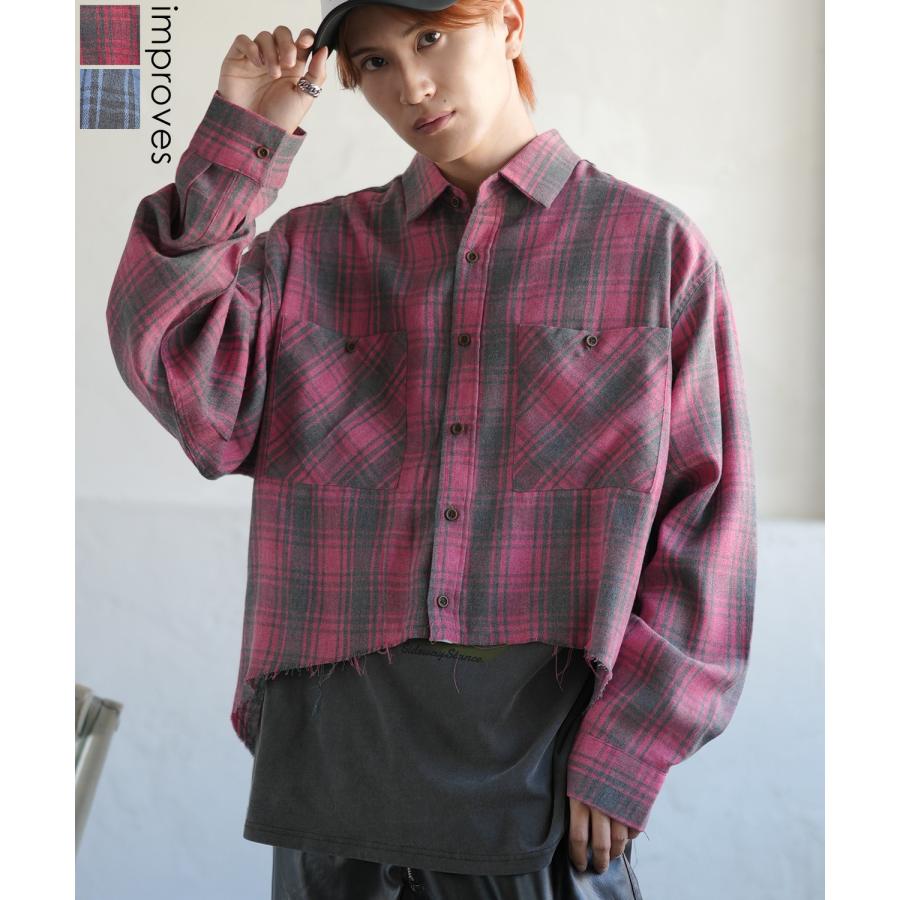 シェックシャツ メンズ 切りっぱなし ショート丈 長袖シャツ ストリート アメカジ 古着MIX 韓国ファッション レッド ブルー | improves