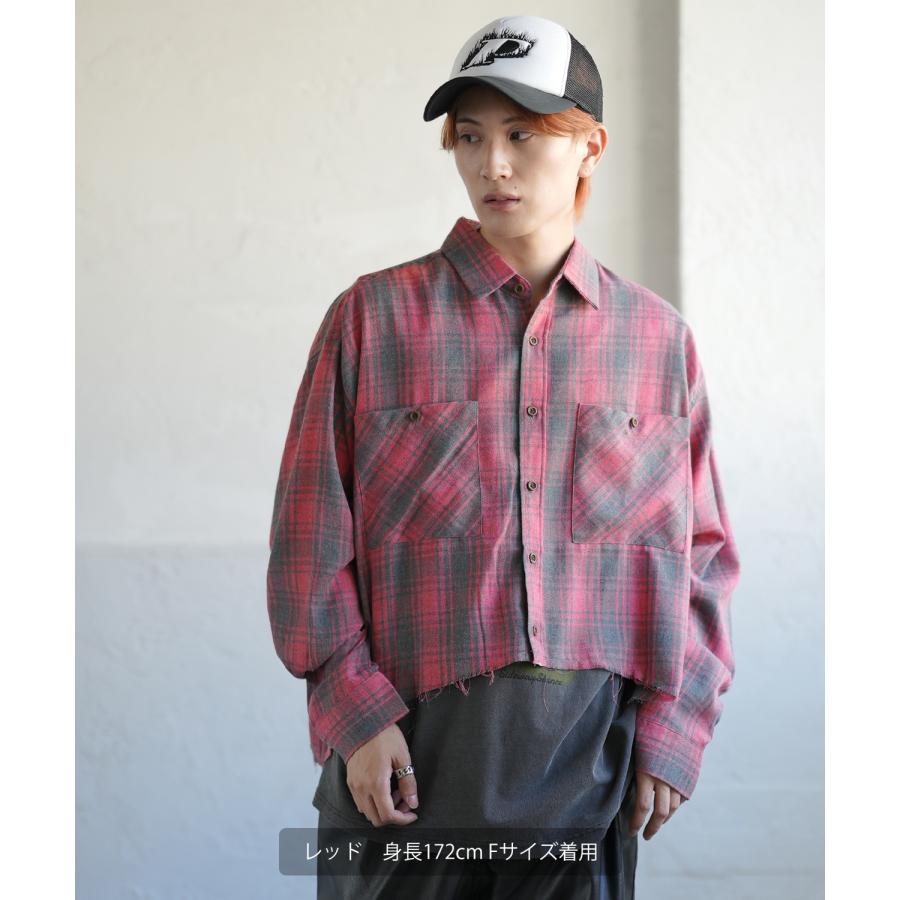 シェックシャツ メンズ 切りっぱなし ショート丈 長袖シャツ ストリート アメカジ 古着MIX 韓国ファッション レッド ブルー | improves | 03