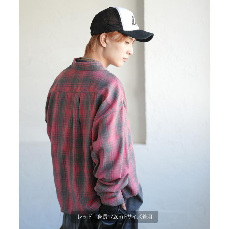 シェックシャツ メンズ 切りっぱなし ショート丈 長袖シャツ ストリート アメカジ 古着MIX 韓国ファッション レッド ブルー | improves | 04