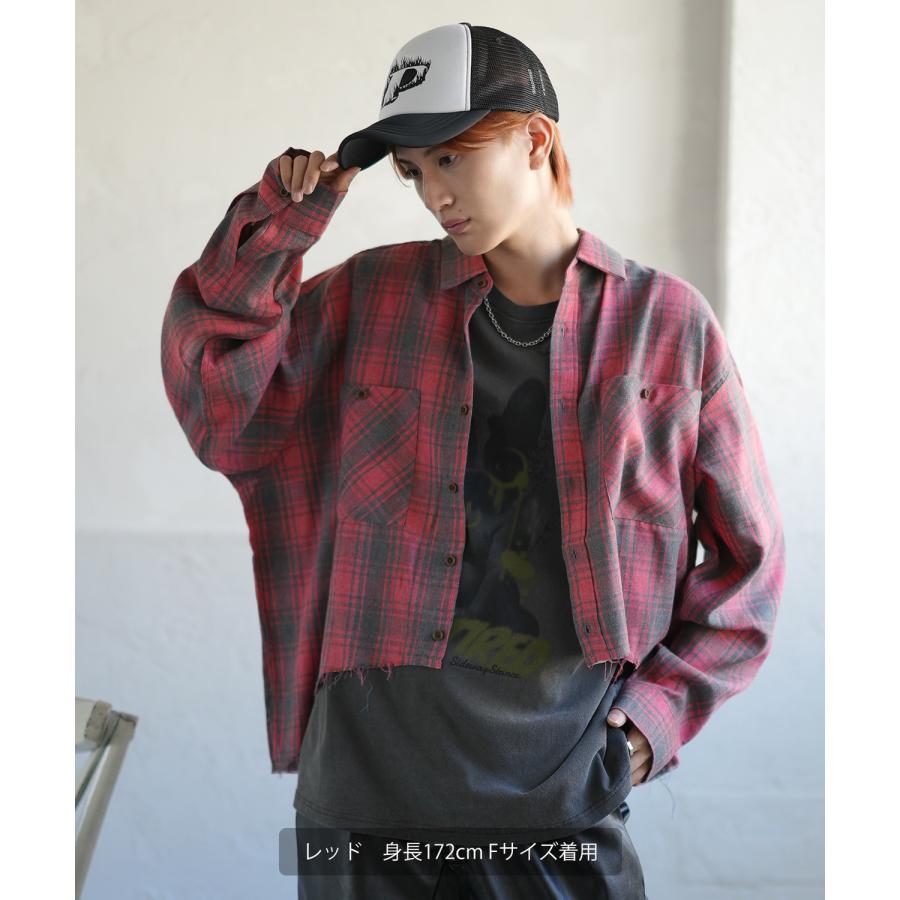 シェックシャツ メンズ 切りっぱなし ショート丈 長袖シャツ ストリート アメカジ 古着MIX 韓国ファッション レッド ブルー | improves | 05