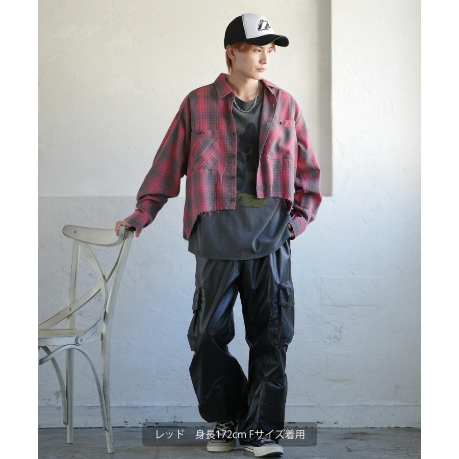 シェックシャツ メンズ 切りっぱなし ショート丈 長袖シャツ ストリート アメカジ 古着MIX 韓国ファッション レッド ブルー | improves | 06