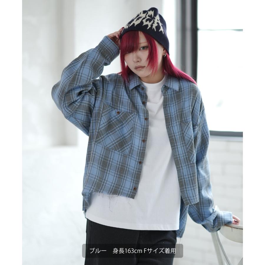 シェックシャツ メンズ 切りっぱなし ショート丈 長袖シャツ ストリート アメカジ 古着MIX 韓国ファッション レッド ブルー | improves | 07