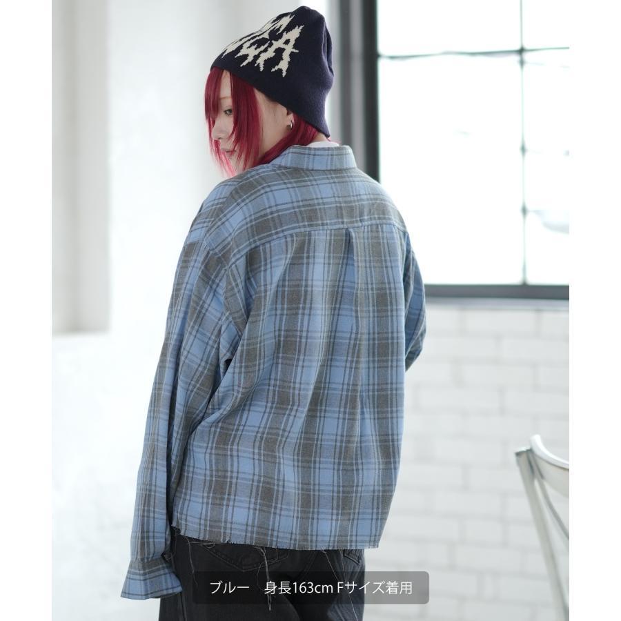 シェックシャツ メンズ 切りっぱなし ショート丈 長袖シャツ ストリート アメカジ 古着MIX 韓国ファッション レッド ブルー | improves | 08