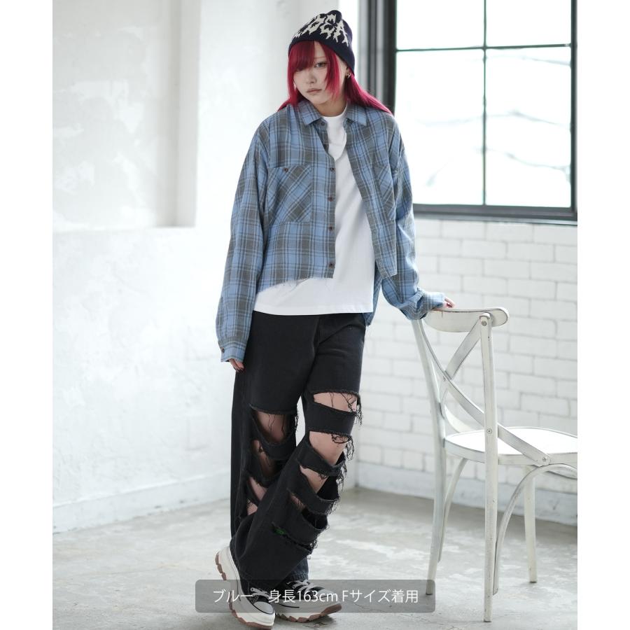 シェックシャツ メンズ 切りっぱなし ショート丈 長袖シャツ ストリート アメカジ 古着MIX 韓国ファッション レッド ブルー | improves | 09