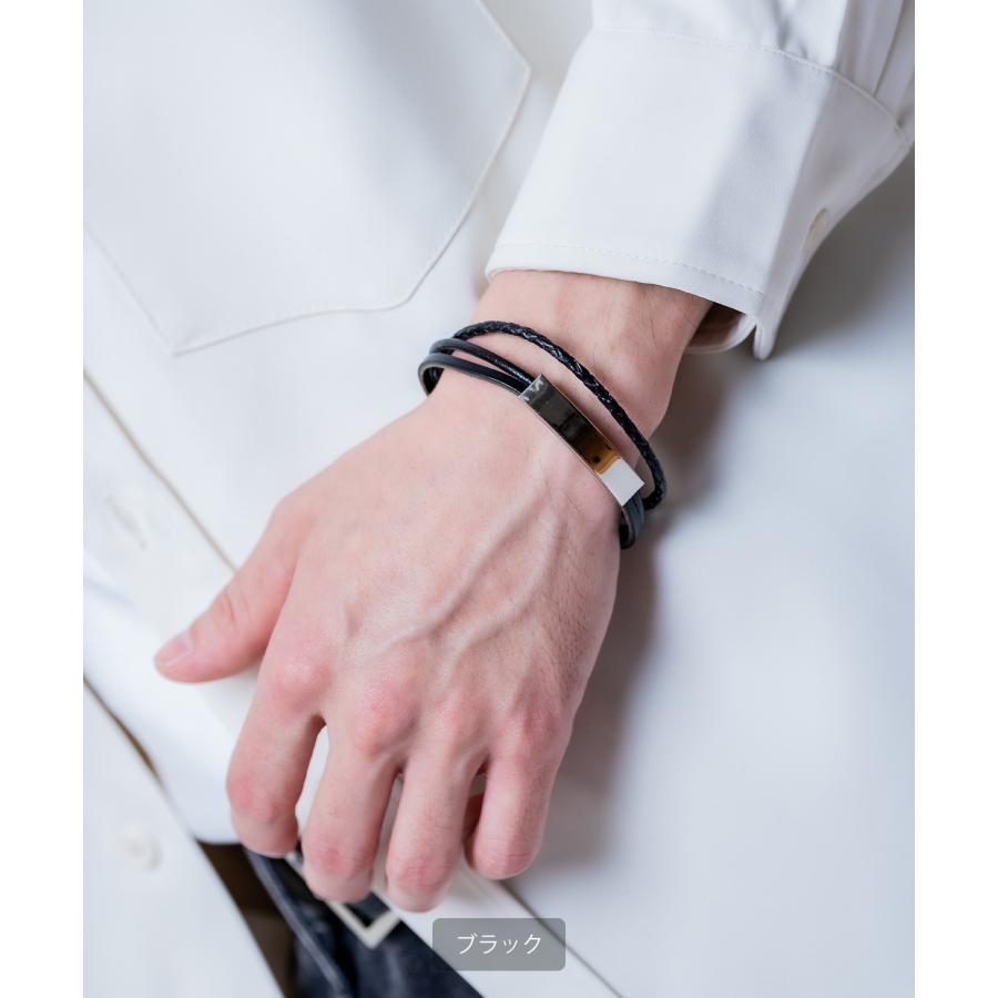 ブレスレット メンズ 3連 レザー調 ステンレス プレート 刻印 腕輪 バングル ペア アクセサリー 韓国 ストリート キレイめ ユニセックス | improves | 02