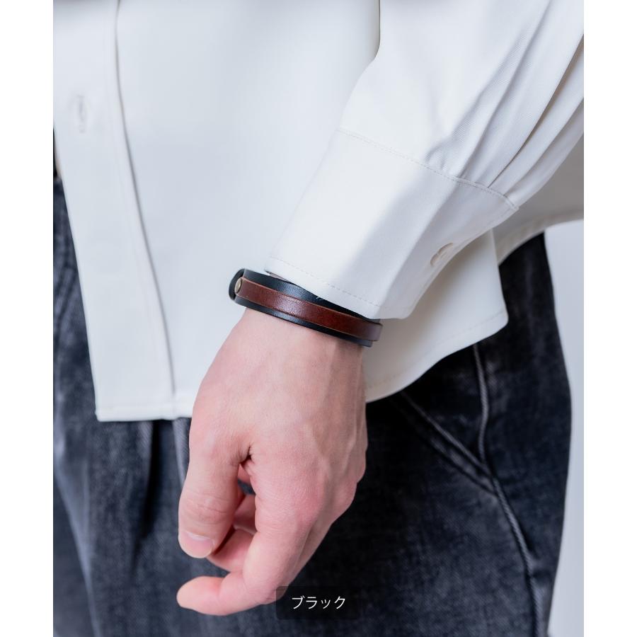 ブレスレット メンズ レディース レザー 本革風 バングル 2連 デザイン アクセサリー ペア ユニセックス ギフト プレゼント カジュアル モード 腕輪 | improves | 05